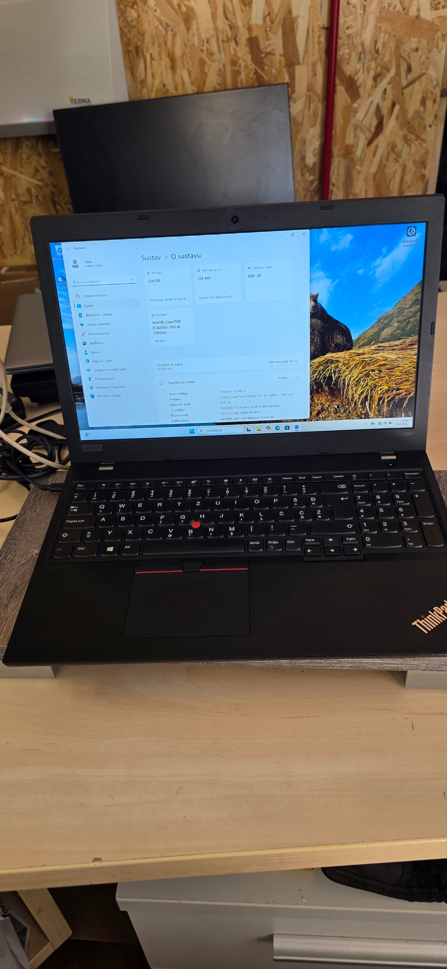 Lenovo ThinkPad L580: i5-8250U, 8GB RAM, 240GB SSD, 15.6" FHD Ekran, 12 mj. jamstvo
