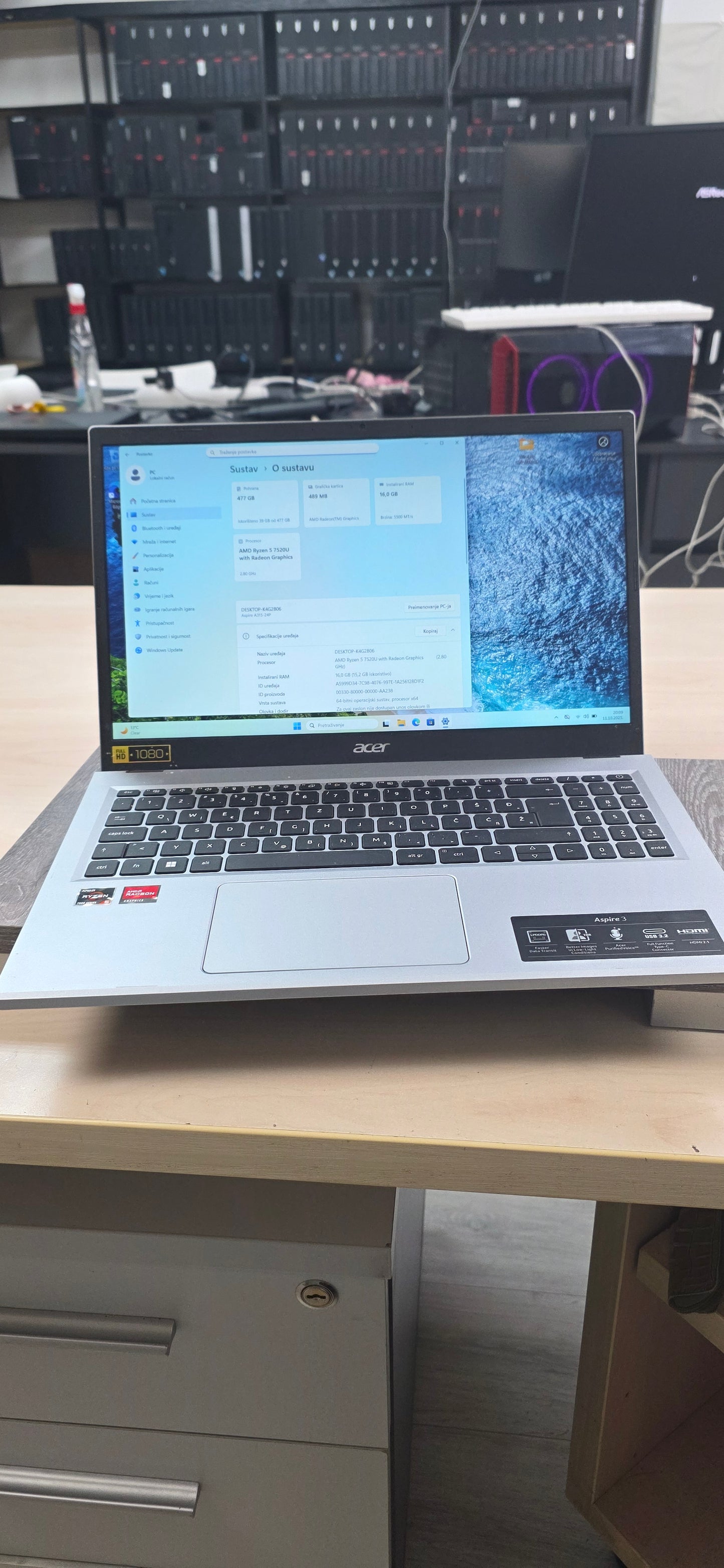 Acer Aspire 3 (A315-24P-R8D1): Ryzen 5 7520U, 16GB RAM, 500GB SSD, Win 11, 12 mj. jamstvo