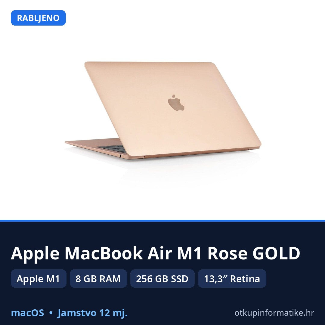 Apple MacBook Air M1 Rose GOLD: Apple M1 čip, 8GB RAM, 256GB SSD, 13.3" Retina Ekran, 12 mj. jamstvo