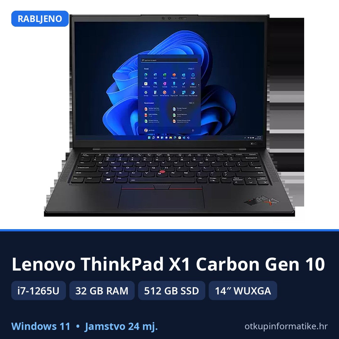 Lenovo ThinkPad X1 Carbon Gen 10 • i7-1265U • 32GB RAM • 512GB SSD • 14″ WUXGA • Win 11 Pro • 24mj Jamstvo