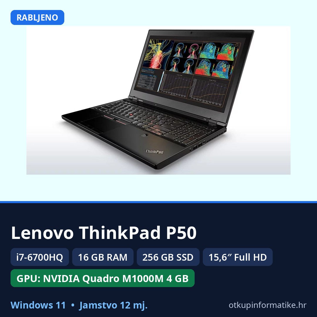 Lenovo ThinkPad P50 • i7-6700HQ • 16GB RAM • 256GB NVMe SSD • Quadro M1000M 4GB • Full HD • Win 11 • 12mj Jamstvo