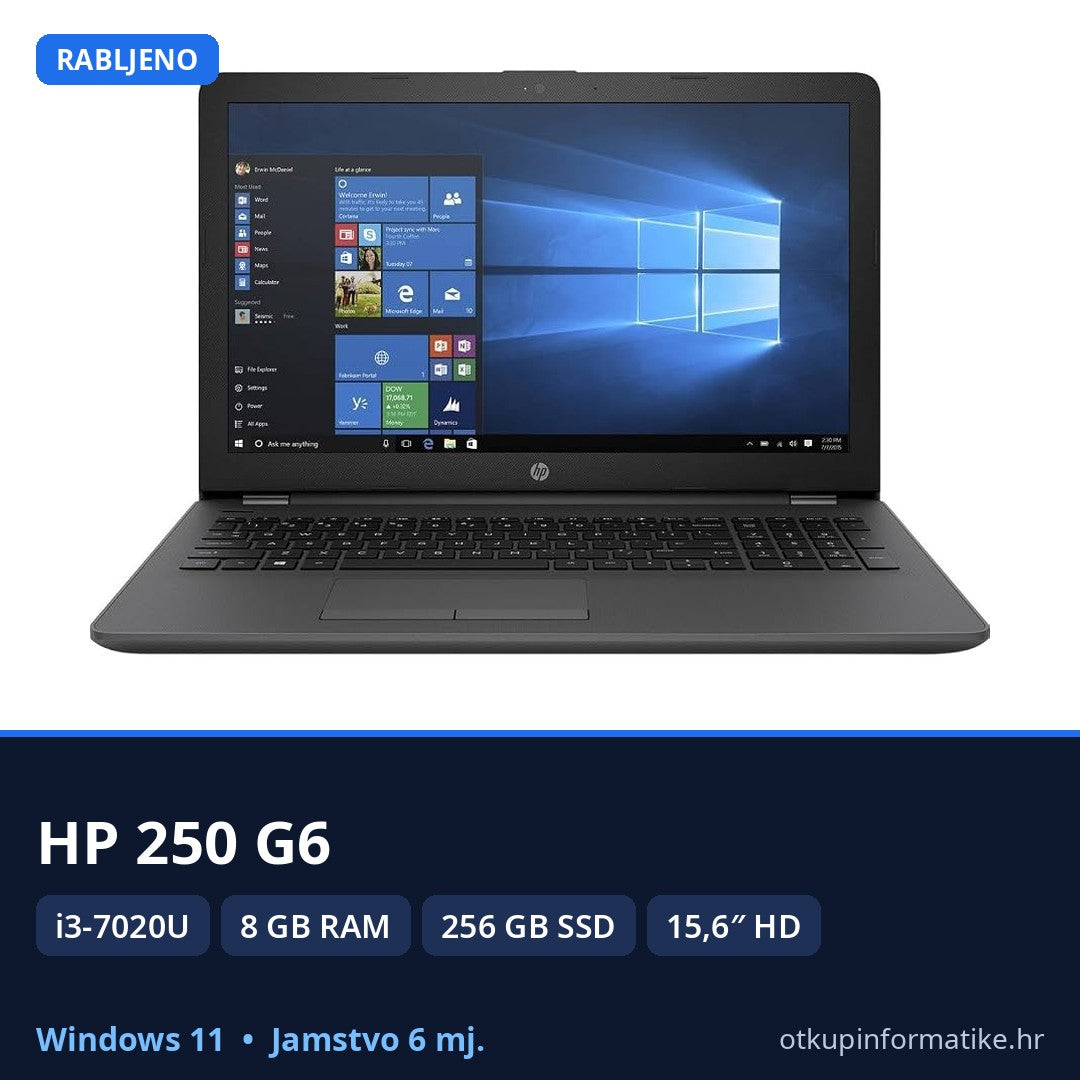 HP 250 G6 • i3-7020U • 8GB RAM • 256GB SSD • HD • Win 11 • 6mj Jamstvo