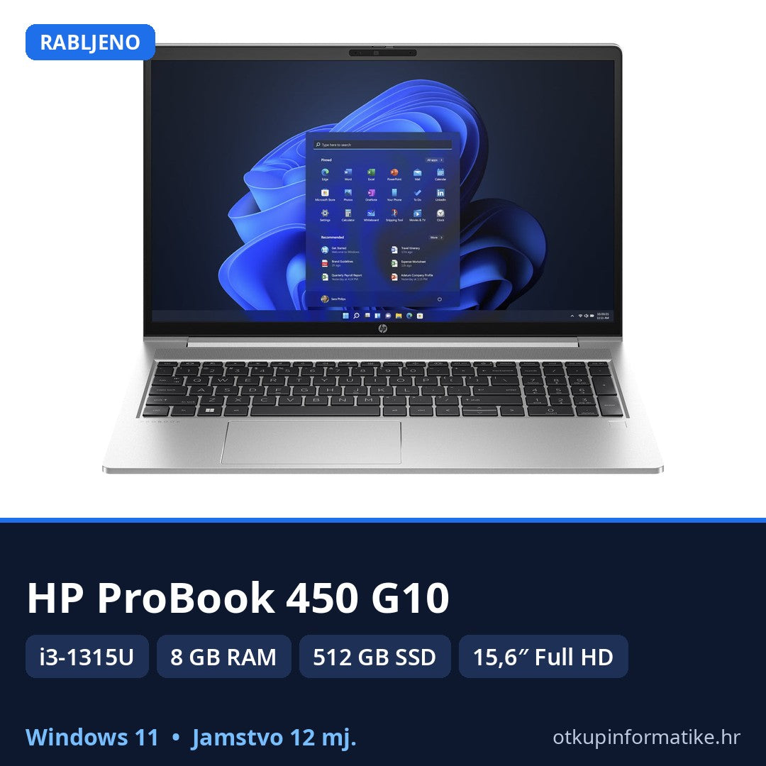 HP ProBook 450 G10 • i3-1315U • 8GB RAM • 512GB NVMe SSD • FHD • Win 11 Pro • 12mj Jamstvo