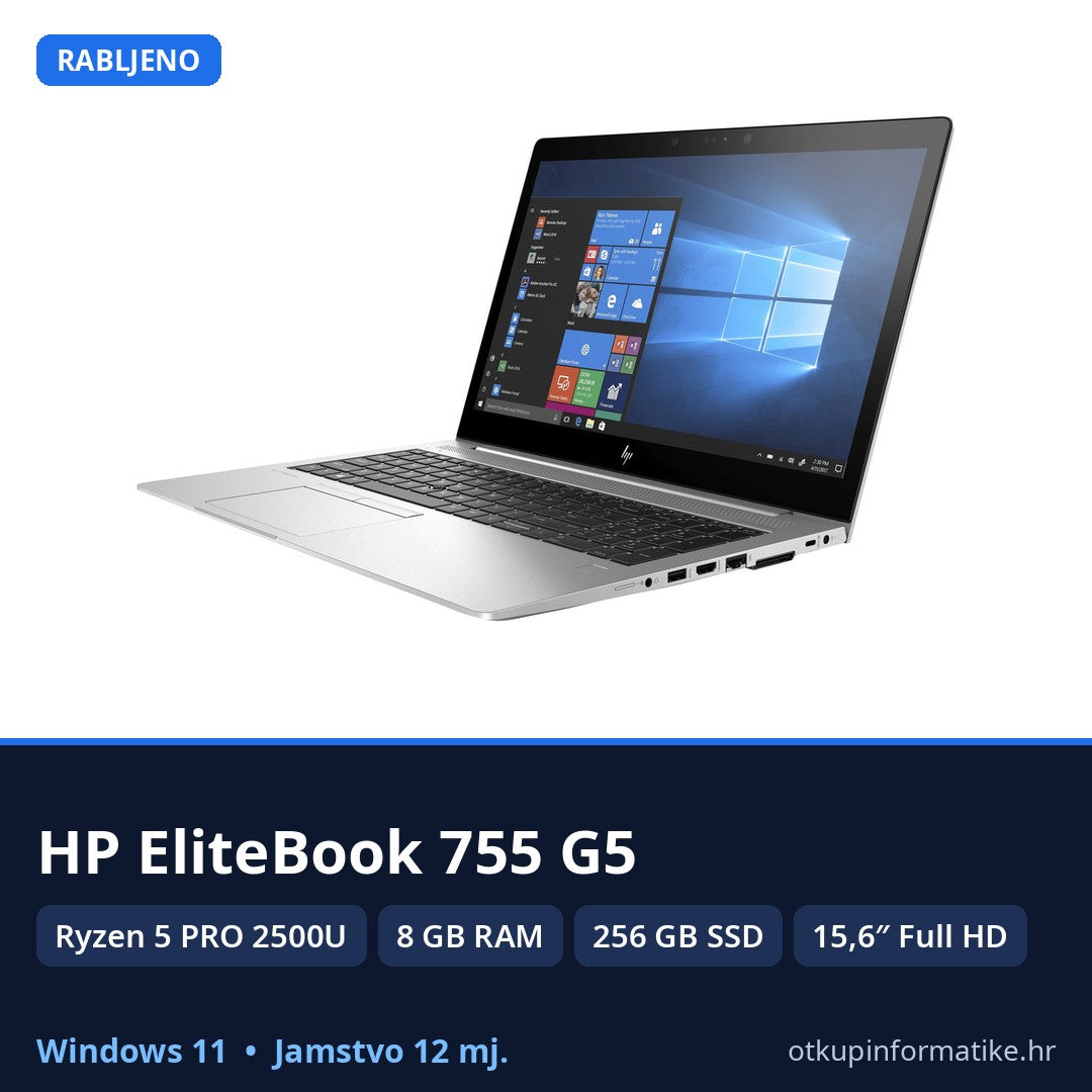 HP EliteBook 755 G5 • Ryzen 5 PRO 2500U • 8GB RAM • 256GB NVMe SSD • Full HD • Win 11 Pro • 12mj Jamstvo